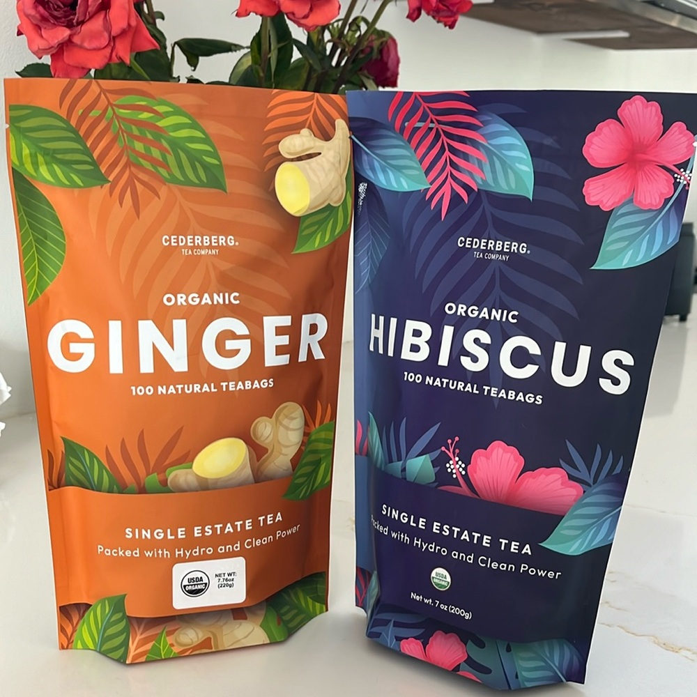 2 brand new bags of ginger tea and hibiscus tea
